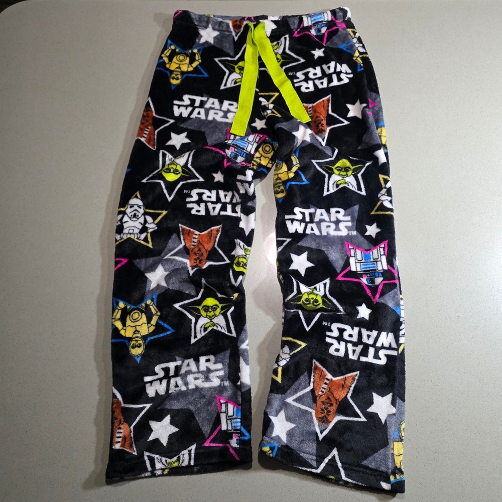 Star Wars Plush Fleece Pajama Pants Yoda R2-D2 C-3PO Black Neon Green Medium